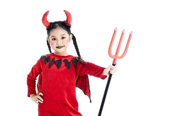 Menina em um halloween fantasia vestido diabo — Fotografia de Stock