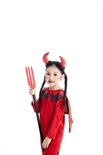 Lány a Halloween díszes ruha ördög — Stock Fotó