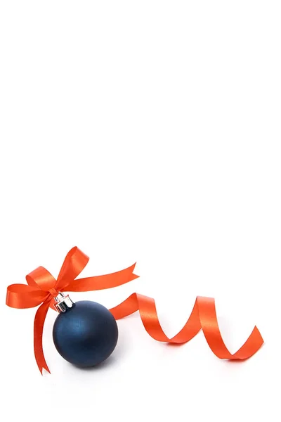 Blue christmas ball with red ribbon on a white — Stock Photo, Image