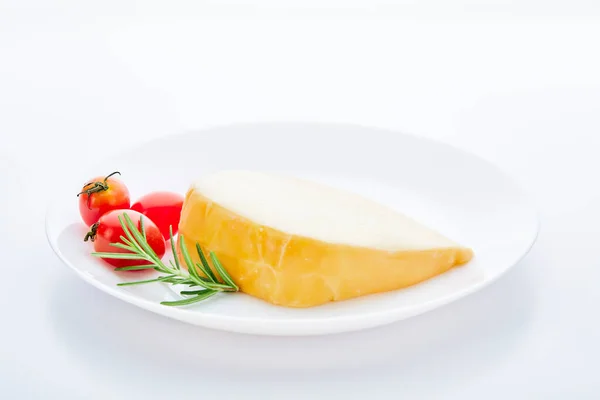 Hard Dutch Gouda Cheese Rosemary Tomatoes Plate Isolated White Background — Stock Photo, Image