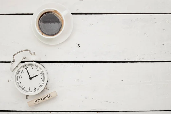 Top View White Retro Alarm Clock White Wooden Desk Coffee — Stock Photo, Image
