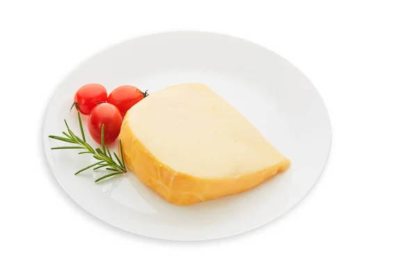 Hard Dutch Gouda Cheese Rosemary Tomatoes Plate Isolated White Background — Stock Photo, Image