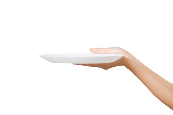 Κενό Λευκό Πιάτο Ένα Γυναικείο Χέρι Λευκό Φόντο Χαράσσοντας Μονοπάτι — Φωτογραφία Αρχείου