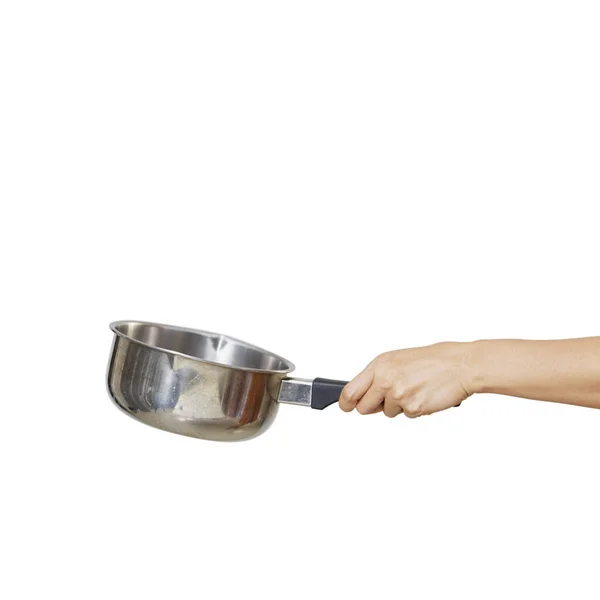 Vrouw Met Steelpan Voor Kooklessen Witte Achtergrond — Stockfoto