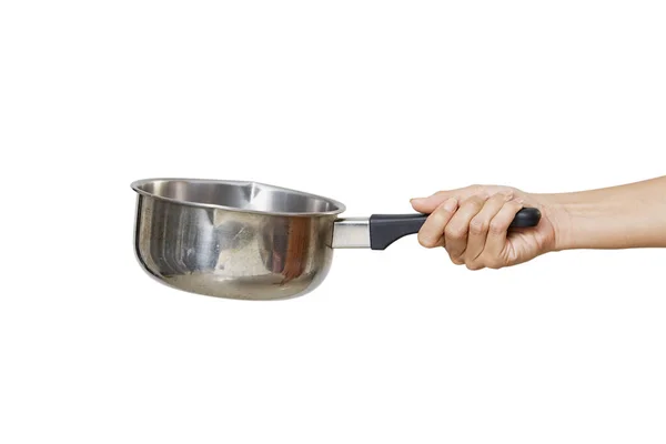 Woman Holding Saucepan Cooking Classes White Background — Stock Photo, Image