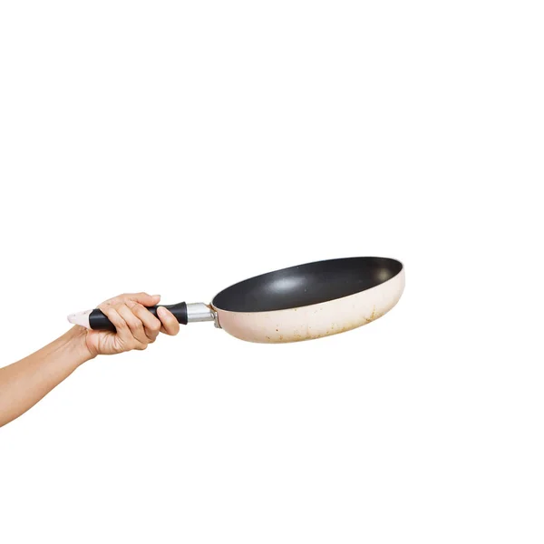Pan Fritar Com Mão Sobre Fundo Branco Utensílio Cozinha Para — Fotografia de Stock