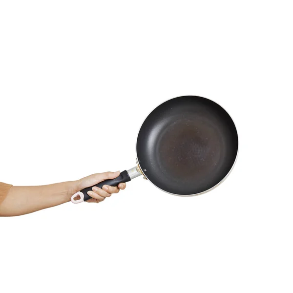 Pan Bakken Met Hand Witte Achtergrond Keukengerei Voor Het Koken — Stockfoto