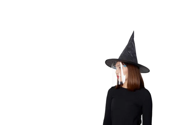 Young Asian Woman Wearing Witch Costume Face Shield Halloween Party — Stock Photo, Image