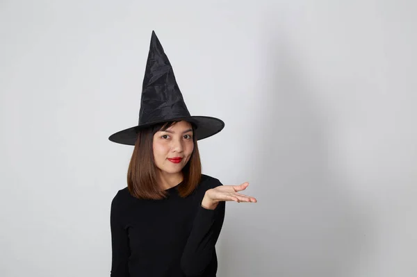 Gyönyörű Ázsiai Visel Boszorkány Jelmez Halloween Party — Stock Fotó