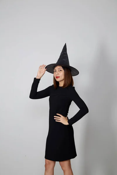 Belle Femme Asiatique Portant Costume Sorcière Pour Fête Halloween — Photo