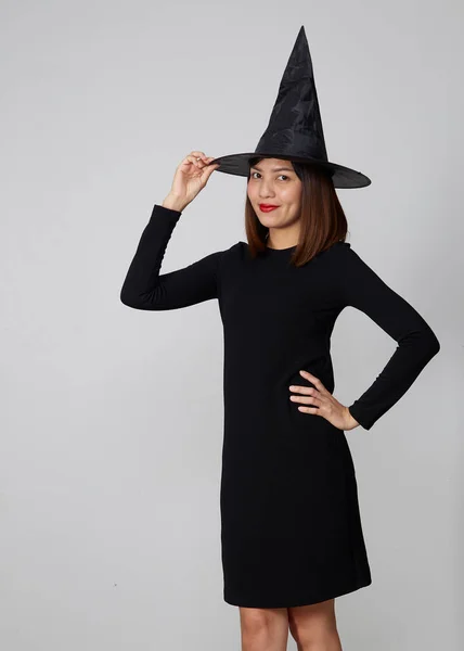 Bella Donna Asiatica Che Indossa Costume Strega Festa Halloween — Foto Stock