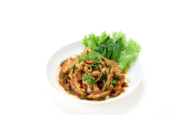 Thai Food Spicy Grilled Pork Neck Salad Served Fresh Vegetable — Stock Photo, Image