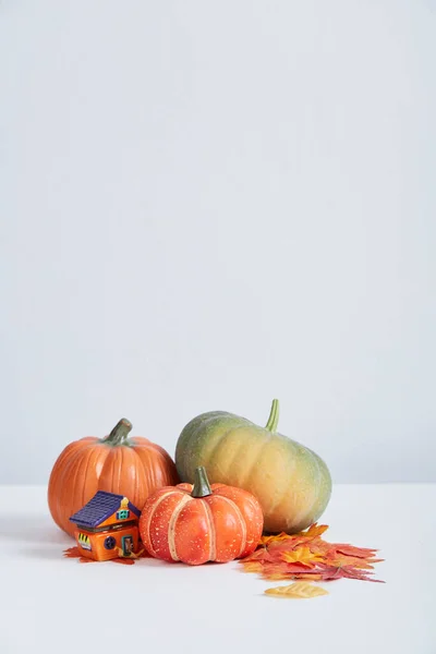 Glædelig Halloween Dekorere Græskar Jack Lanterner Med Efterårsblade Hvidt Træbord - Stock-foto