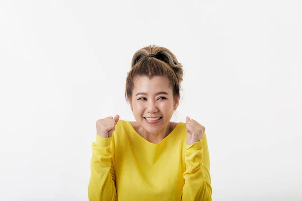 Retrato Bonito Jovem Feliz Asiático Mulheres Felizes Surpreendidoela Vestindo Camisola — Fotografia de Stock