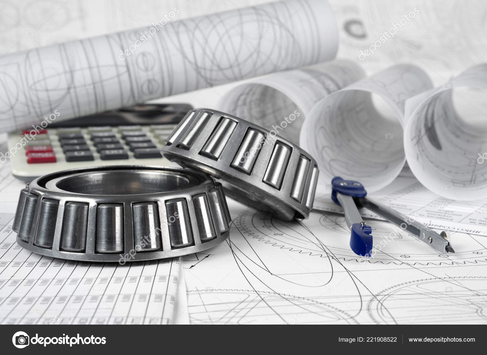 Roller Bearings Compasses Calculator Drawings Stock Photo by