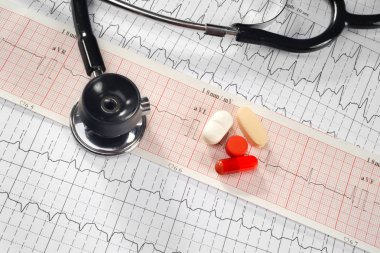 Stethoscope and pills on the cardiogram background clipart