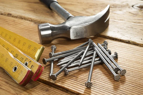 Nails Hammer Folding Ruler Wood — Stock Photo, Image