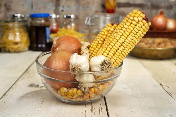 Onions Garlic Corn Glass Bowl — Stock Photo, Image