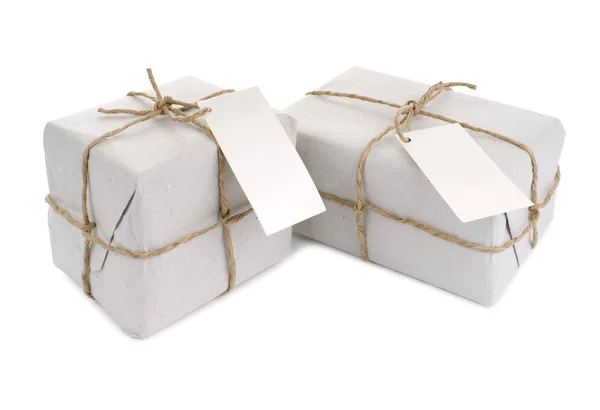 Parcels Wrapped Paper Tied String Blank Label — Stock Photo, Image