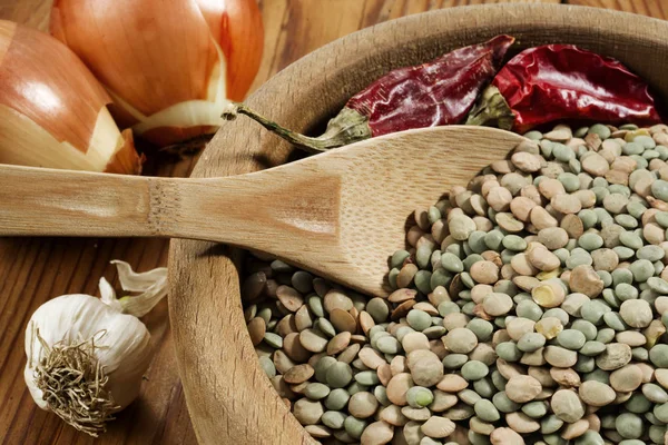 Lentils Wooden Bowl Background Close — Stock Photo, Image