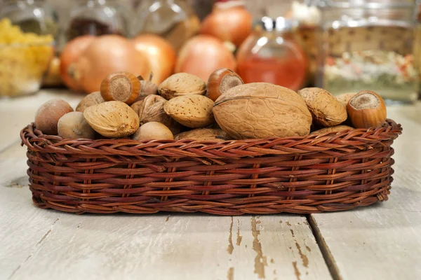 Walnuts Almonds Hazelnuts Basket — Stock Photo, Image