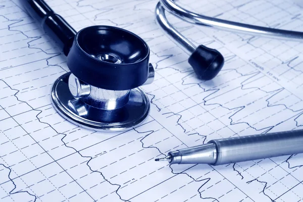 Stethoscoop Technische Pen Achtergrond Cardiogram Rechtenvrije Stockfoto's