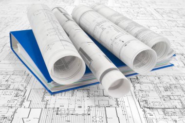 Mavi dizin belgesi ve proje çizimleri 