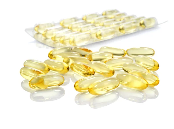 Visolie Capsules Blisterverpakking Geïsoleerd Witte Achtergrond — Stockfoto