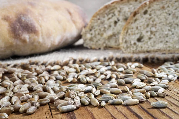 Tahta masada buğday, çavdar ve ekmek, seçici odak