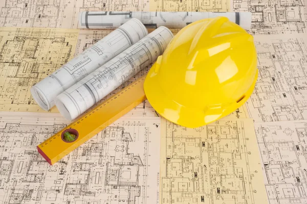 Yellow Helmet Level Project Drawings — Stock Photo, Image