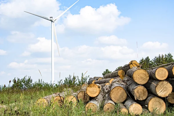 Szél Turbina Farm Erdő — Stock Fotó