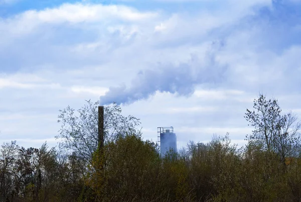Дим Викиди Повітря Промислової Труби Проти Зелених Дерев Забруднення Довкілля — стокове фото