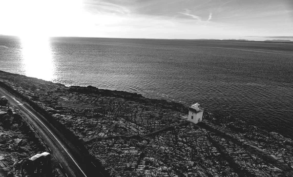 Aerial birds eye black and white view of the burren national park. scenic tourism landscape for Unesco World Heritage site and global geopark geotourism along the wild atlantic way.