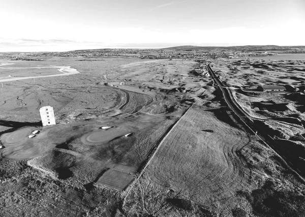 Aerial birds eye black and white view of the burren national park. scenic tourism landscape for Unesco World Heritage site and global geopark geotourism along the wild atlantic way.