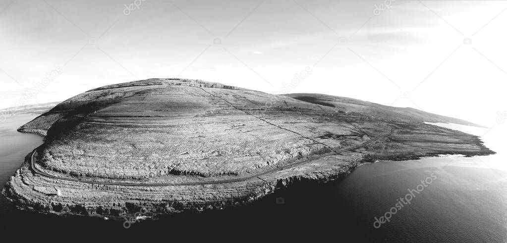Aerial birds eye black and white view of the burren national park. scenic tourism landscape for Unesco World Heritage site and global geopark geotourism along the wild atlantic way.