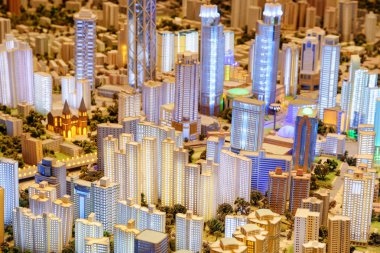 Shanghai, Çin - 3 Ekim 2017: Yukarıdan maketi city Shanghai kentsel planlama Sergi Merkezi adlı parçası. Tüm varolan ve onaylanmış gelecekteki binaları gösteren modeli.
