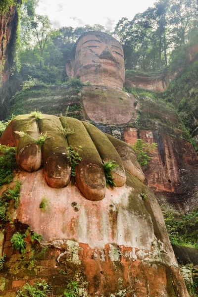 Incrível Vista Inferior Buda Gigante Leshan Fundo Das Árvores Verdes — Fotografia de Stock