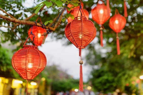 Hermosa Vista Noche Árbol Verde Decorado Con Linternas Rojas Tradicionales —  Fotos de Stock