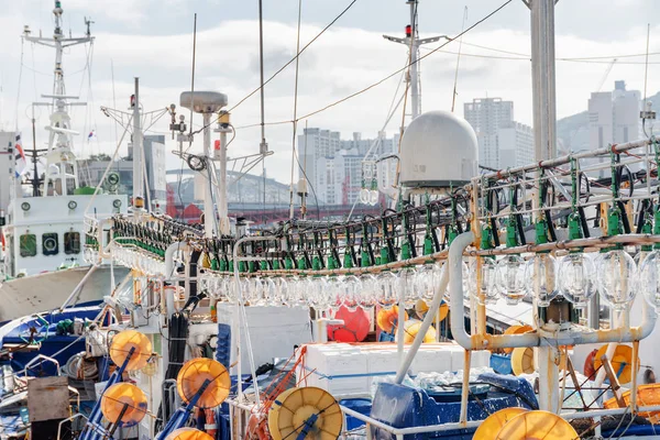 Вид Рибальське Судно Потужні Лампи Нічного Риболовлі Інші Деталі Корабля — стокове фото