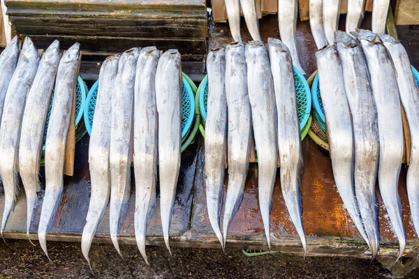 Top View Από Ολόφρεσκα Ψάρια Στην Ψαραγορά Φρέσκα Θαλασσινά — Φωτογραφία Αρχείου
