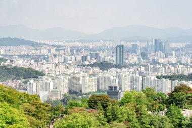 Namsan dağ Güney Kore'de Seul'den doğal görünümünü. Yüksek katlı konut. Güzel yaz cityscape.