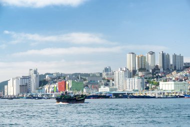 Busan Güney Kore'de doğal görünümünü. Busan Liman kapısı gemi. Güzel cityscape.