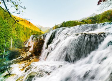 Pearl sürüler şelale Jiuzhaigou doğa rezerv (Jiuzhai Vadisi Milli Parkı), Çin ormanlık dağlar arasında harika manzarasını. Karlı zirveleri mavi gökyüzü arka plan üzerinde görülebilir. Sonbahar manzara