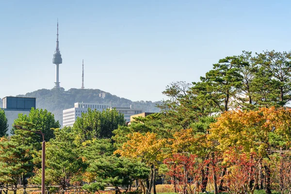 Wunderschöner Farbenfroher Herbstpark Seoul Südkorea Namsan Seoul Tower Ist Auf — Stockfoto