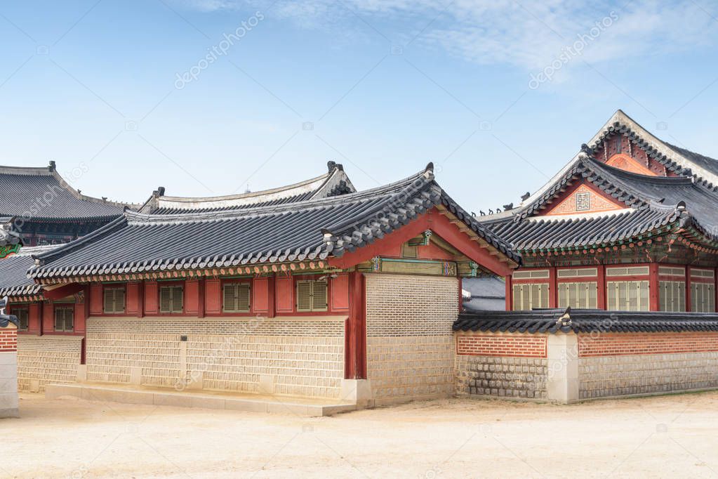 View of Gyeongbokgung Palace at Seoul in South Korea. Buildings of traditional Korean architecture. Seoul is a popular tourist destination of Asia.
