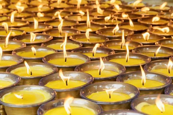 Closeup View Burning Candles Temple Lights Ceremony Prayer Meditation Church — Stock Photo, Image