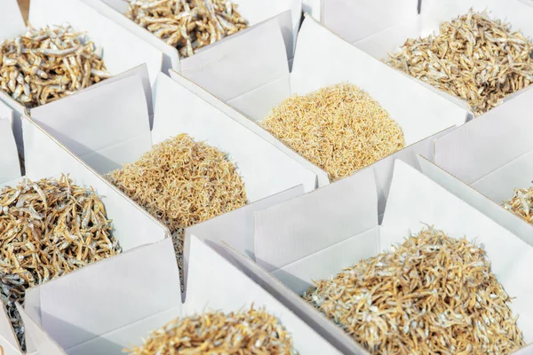 Small Dried Fish Boxes Fish Market — Stock Photo, Image