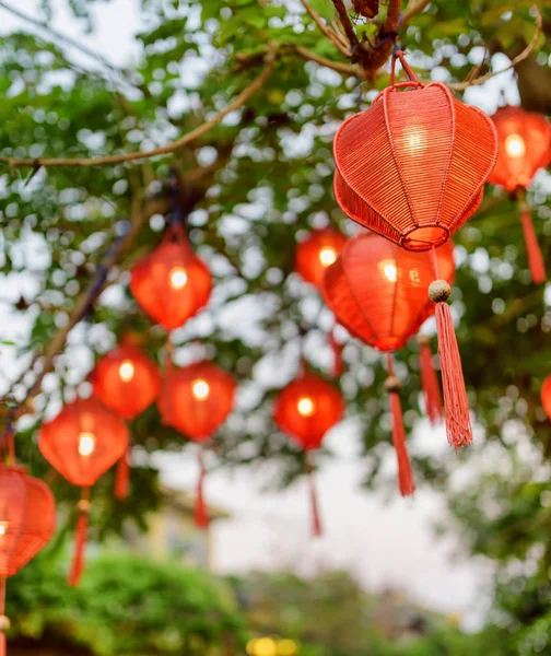 Prachtige Groene Boom Versierd Met Rode Lantaarns Mooie Straat Decor — Stockfoto