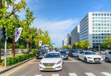 Day traffic of Yeouido, Seoul. The flag of South Korea clipart