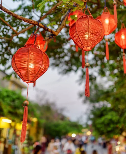 Vue imprenable du soir sur un arbre vert décoré de lanternes rouges — Photo
